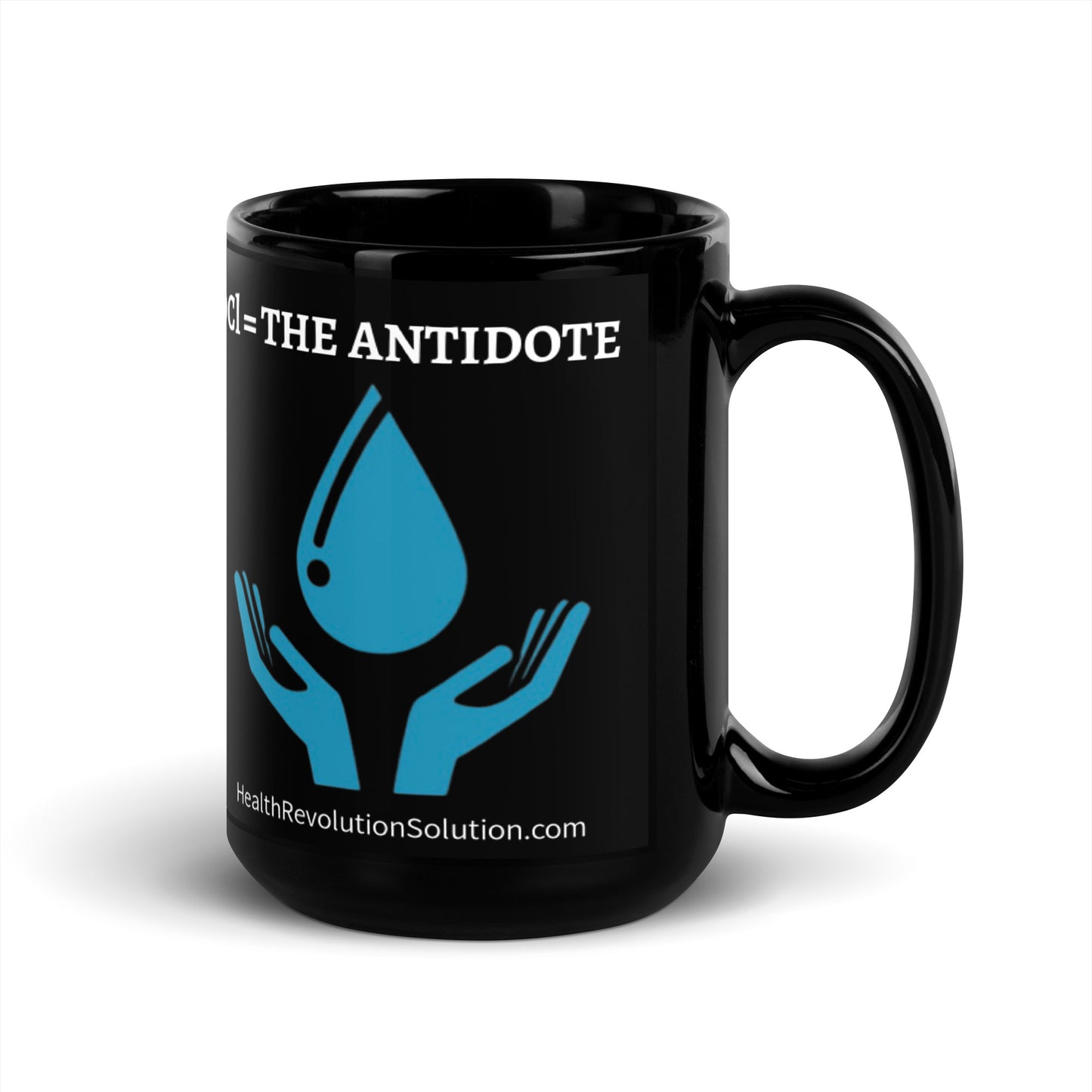 “HOCl = THE ANTIDOTE” Black Glossy Mug (11oz & 15oz)